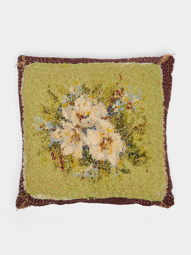 By Walid - 19th-Century Victorian Needlepoint Linen Cushion - Green - ABASK - 