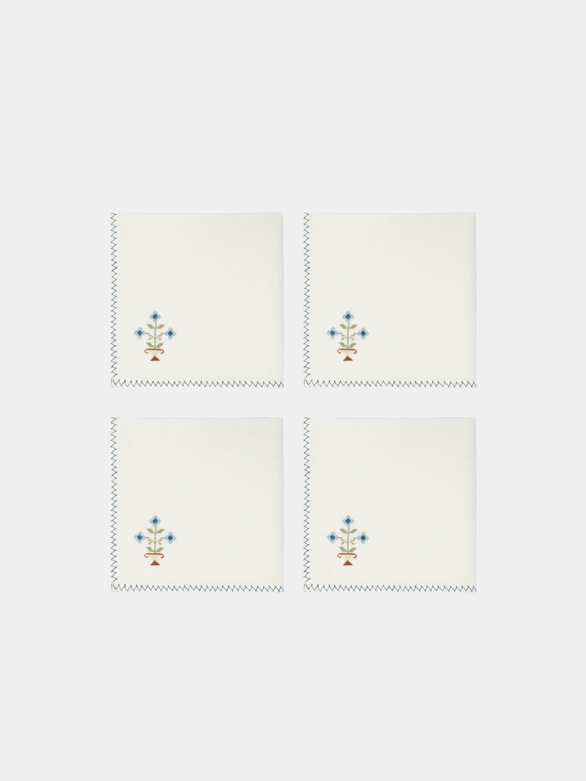 Malaika - Bouquet Hand-Embroidered Linen Napkins (Set of 4) - Blue - ABASK