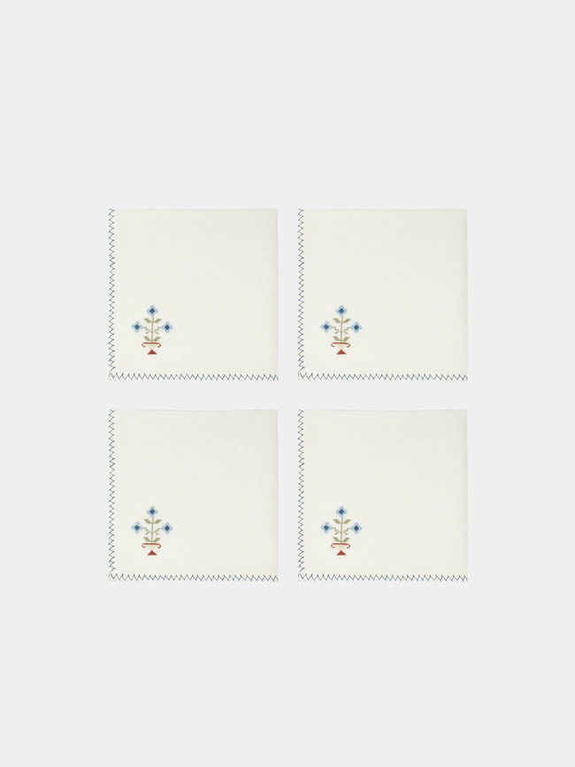 Malaika - Bouquet Hand-Embroidered Linen Napkins (Set of 4) - Blue - ABASK