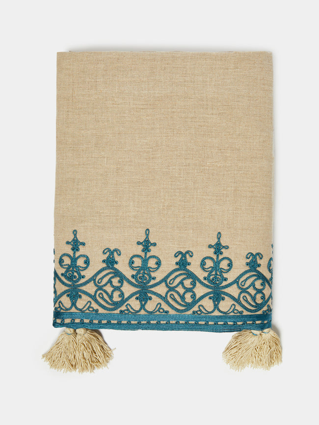 Malaika - Mamlouk Hand-Embroidered Linen Rectangular Tablecloth - Blue - ABASK - 