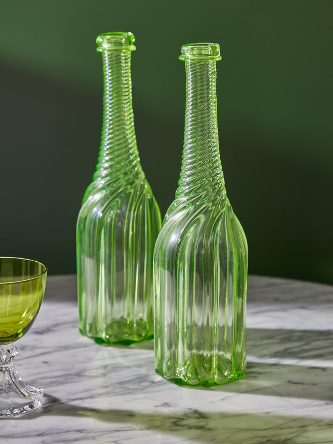 Antique and Vintage - 19th Century Fluted Glass Bottle Decanter (Set of 2) - Green - ABASK