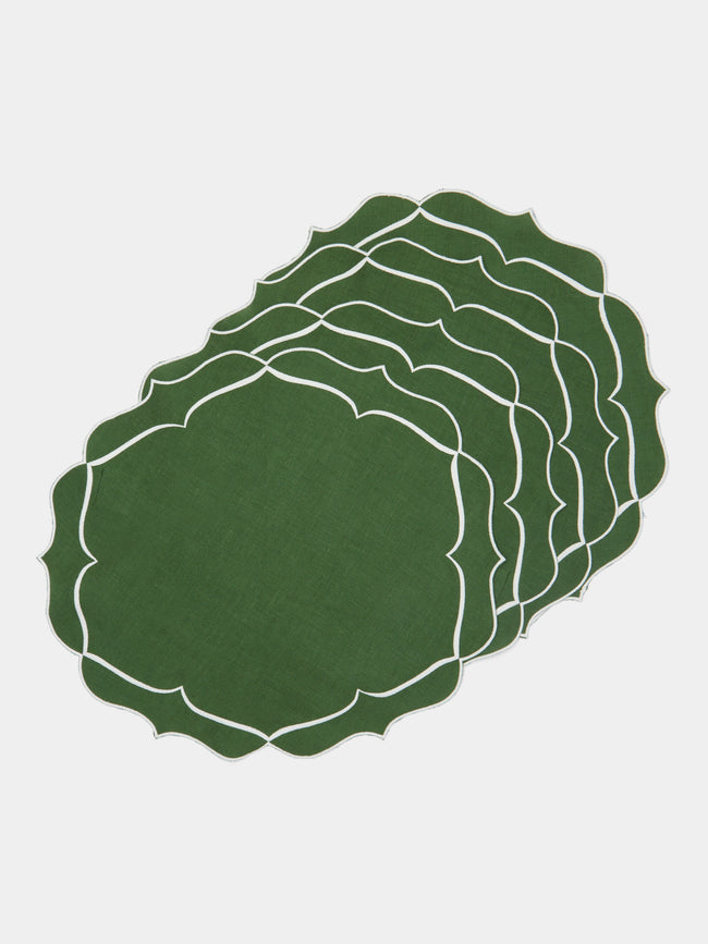 Los Encajeros - Alhambra Embroidered Linen Placemats (Set of 4) - Green - ABASK