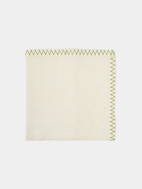 Malaika - Zigzag Hand-Embroidered Linen Napkins (Set of 4) - Green - ABASK - 