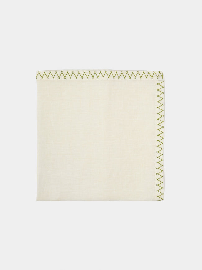 Malaika - Zigzag Hand-Embroidered Linen Napkins (Set of 4) - Green - ABASK - 