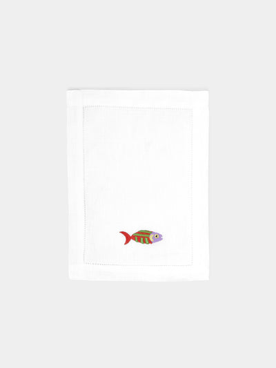 Loretta Caponi - Mendini Fish Hand-Embroidered Linen Cocktail Napkins (Set of 6) -  - ABASK - 