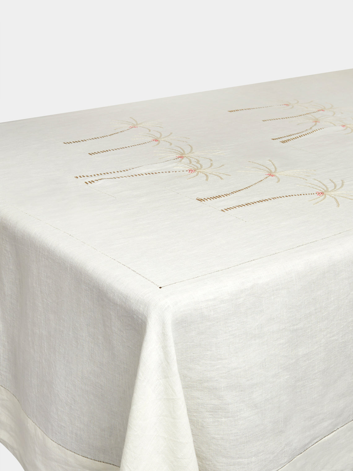 Malaika - Palm Tree Hand-Embroidered Linen Rectangular Tablecloth - Red - ABASK